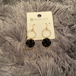 Three gold drop earring with wired black crystals
